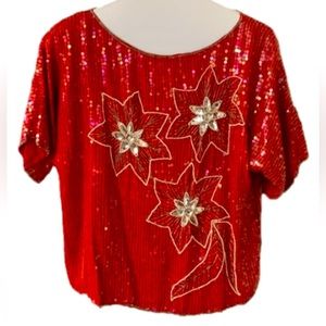 Vintage Silk Hand Stitched Red Christmas Poinsettia Sequins Shirt
